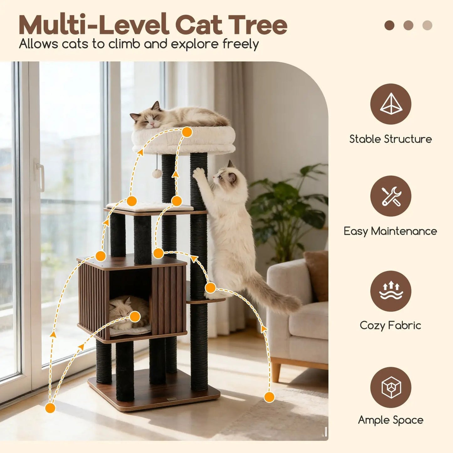 Tall cat tree with plush beige top and multiple platforms; two cats by a window on Tampa Home & Garden Store