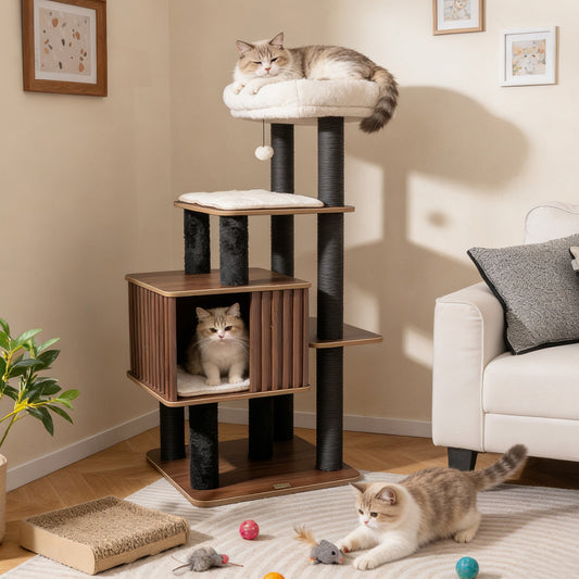 53.5 inch Tall Cat Tree for Indoor Cat Wooden Cat Tower Top Perch with Soft Padding-Brown - Tampa Home & Garden Store
