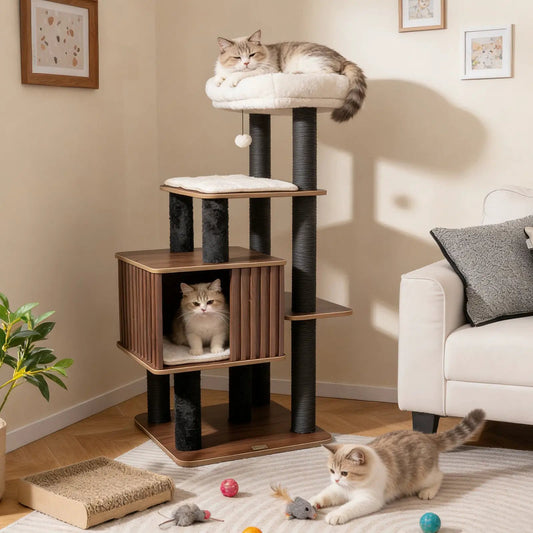 Tall Cat Tree for Indoor Cats with Soft Padding, brown wood base and plush top perch, two cats on Tampa Home & Garden Store