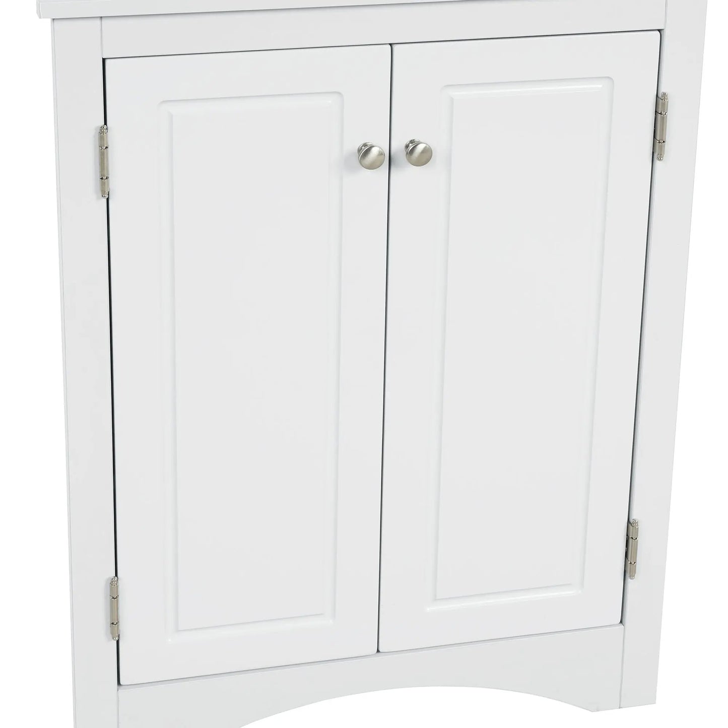 White triangle bathroom cabinet with shelves, two doors and chrome knobs on Tampa Home & Garden Store