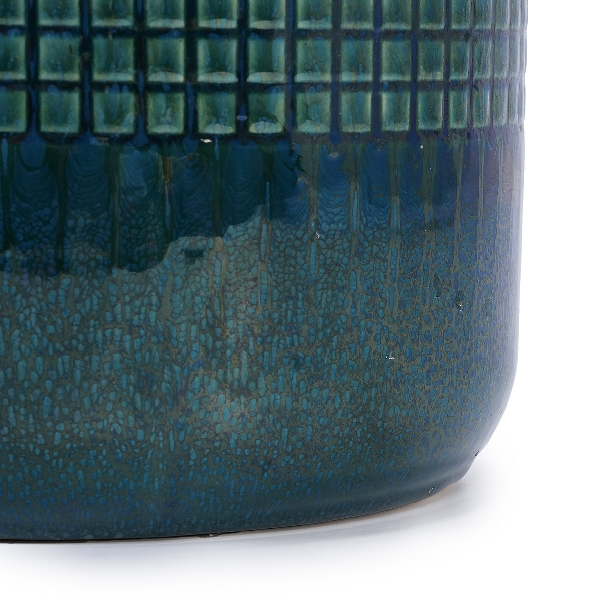 Grid ceramic flowerpot planter in blue-green glaze with textured tile pattern on Tampa Home & Garden Store