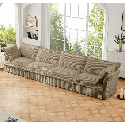 Slipcovered long sofa 4-seater couch beige ribbed fabric HouseOfZazla grid-window wall on Tampa Home & Garden Store