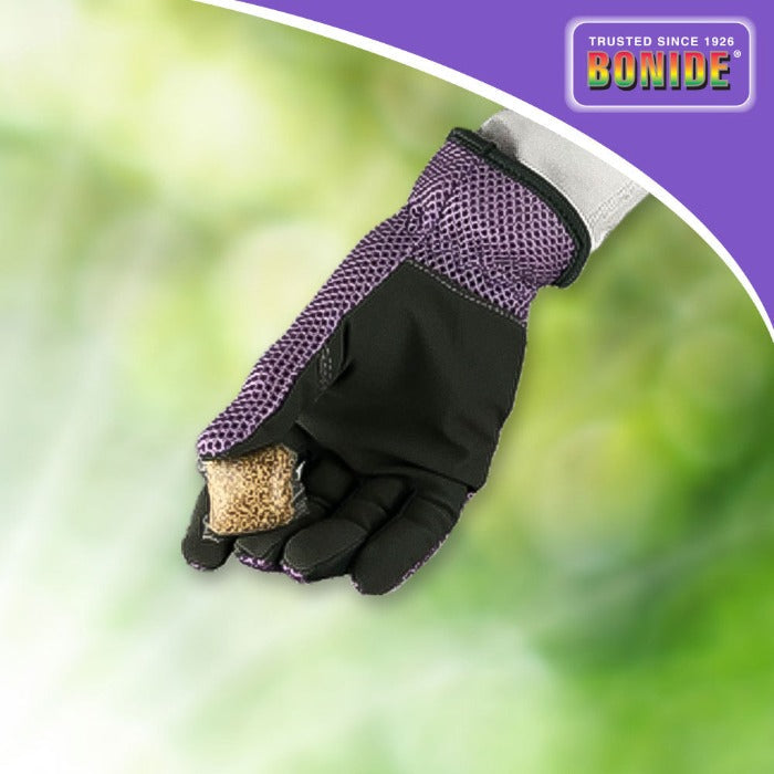 Bonide Mosquito Beater Plunks pellets in purple-gloved hand, lawn & garden chemical by Rivendell Distribution with Bonide logo on packaging on Tampa Home & Garden Store