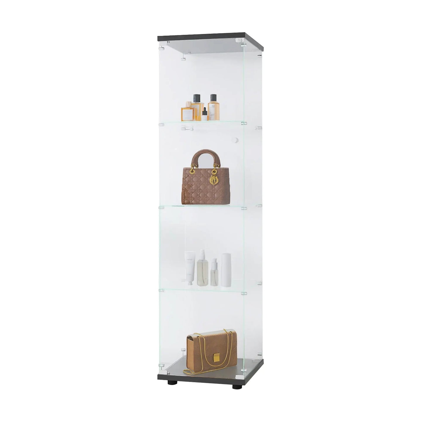Glass display cabinet with door, floor standing, clear glass, black base, holds bottles on Tampa Home & Garden Store
