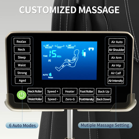 Full Body Deep Tissue Massage Chair Black control panel with blue touchscreen display on Tampa Home & Garden Store