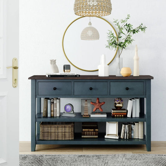Navy retro-design console table with two shelves, black knobs, styled with books and vases on Tampa Home & Garden Store