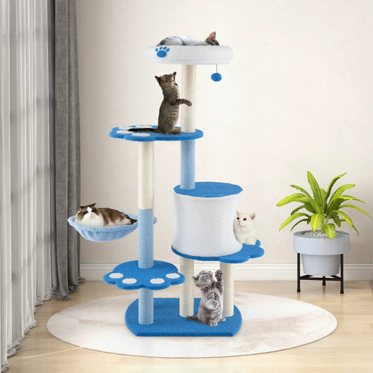 54 Inches Tall Modern Cat Tree Tower Blue with stacked blue platforms and sisal posts on Tampa Home & Garden Store