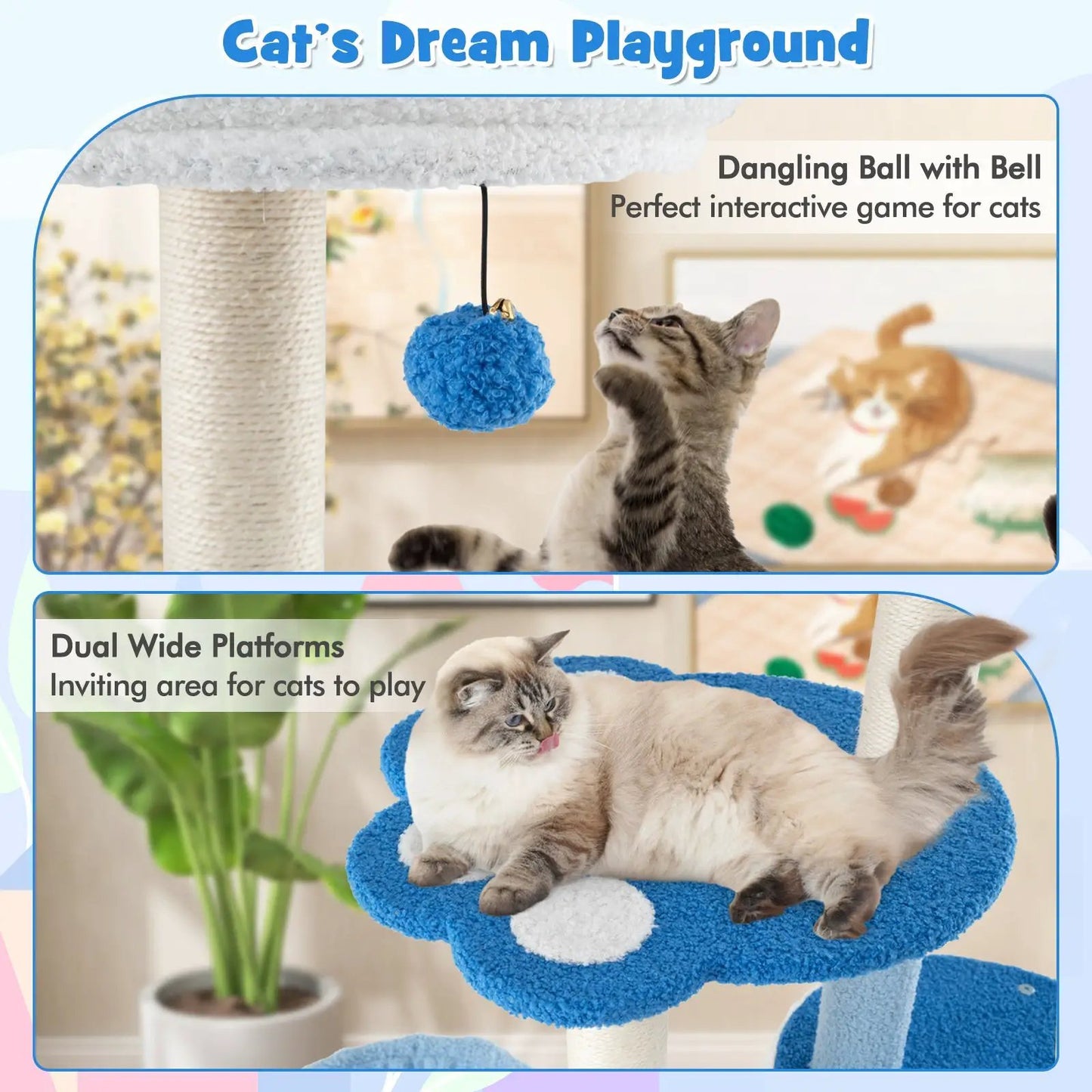 54 inches tall blue cat tree tower with sisal post and hanging blue ball toy on Tampa Home & Garden Store