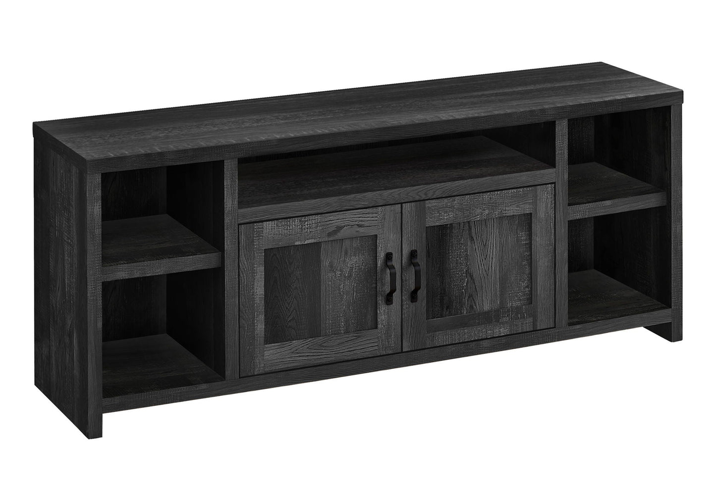 TV stand entertainment unit in dark wood finish with open shelves and cabinet doors HouseOfZazla on Tampa Home & Garden Store