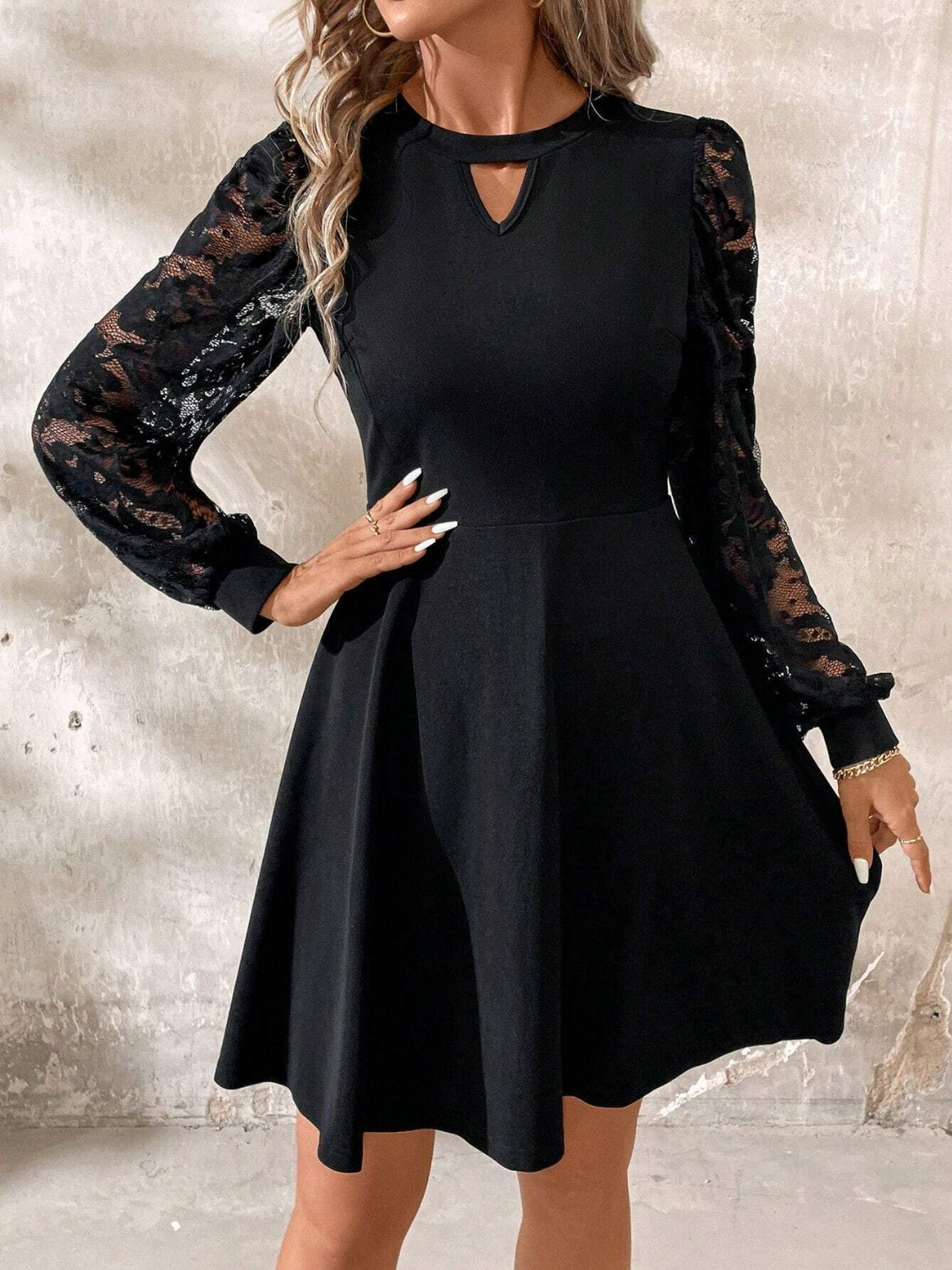 Luxury black long sleeve mini dress with lace sleeves, keyhole neckline by Stevvex on Tampa Home & Garden Store
