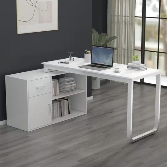 L-shaped white wooden desk with open shelves and storage cabinet, modern home office setup on Tampa Home & Garden Store