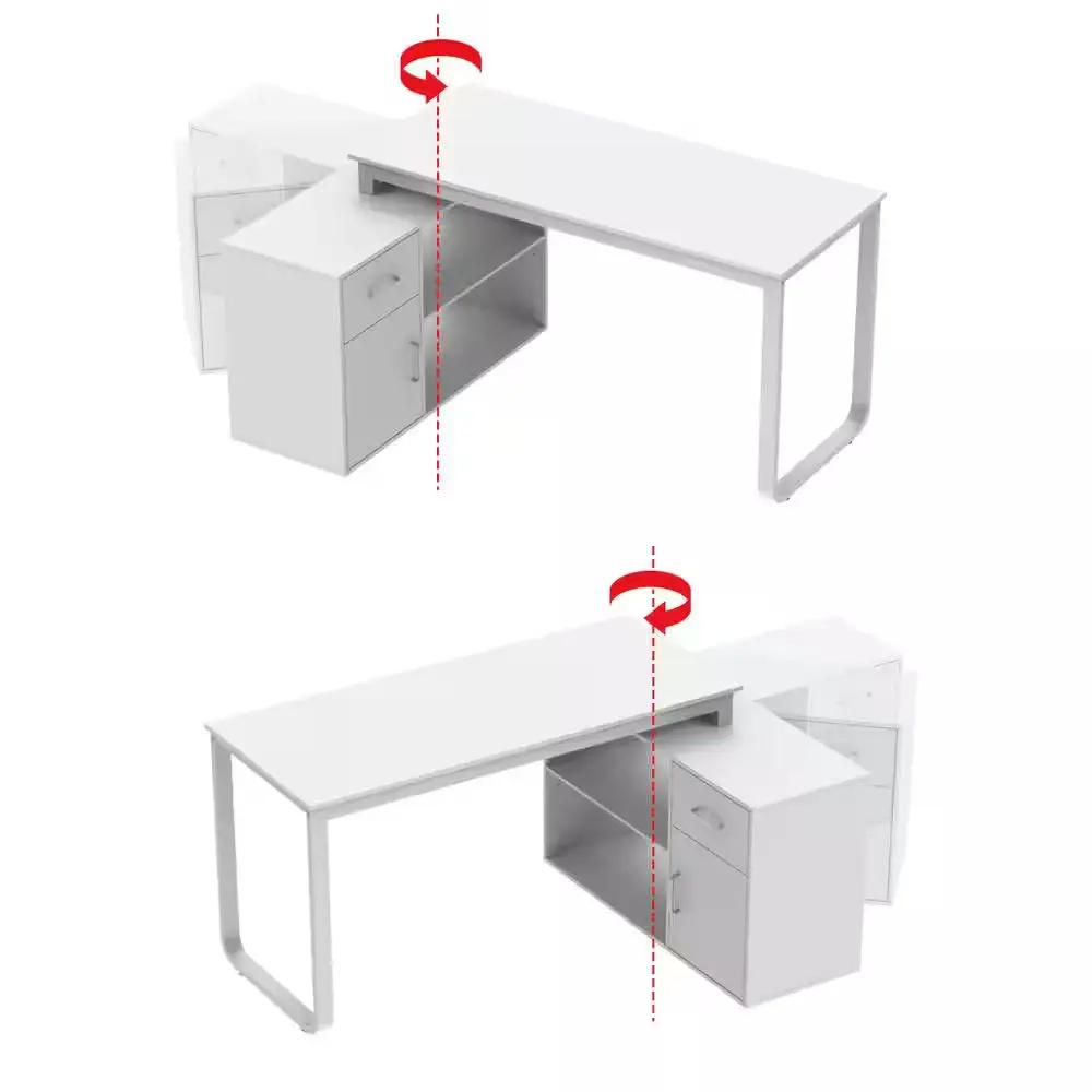 White L-shaped wooden desk with open shelves and storage pedestal on Tampa Home & Garden Store