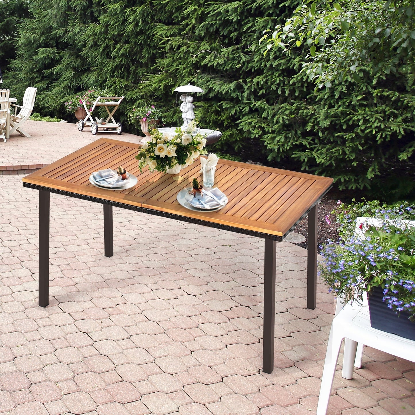 55 Inch Acacia Dining Table with Umbrella Hole; slatted wood top, dark legs on Tampa Home & Garden Store