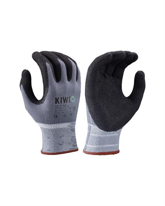Kiwi A5 Cut Resistant Nitrile Palm Gloves pair in gray/black with Kiwi logo, knit cuffs on Tampa Home & Garden Store