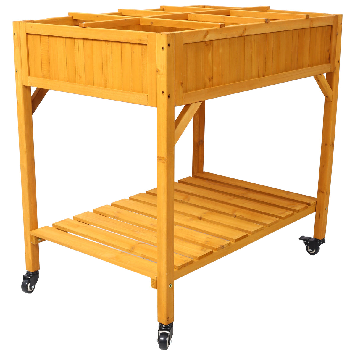Elevated 8-Pocket Herb Garden Bed Fir Wood by HouseOfZazla on lockable wheels on Tampa Home & Garden Store