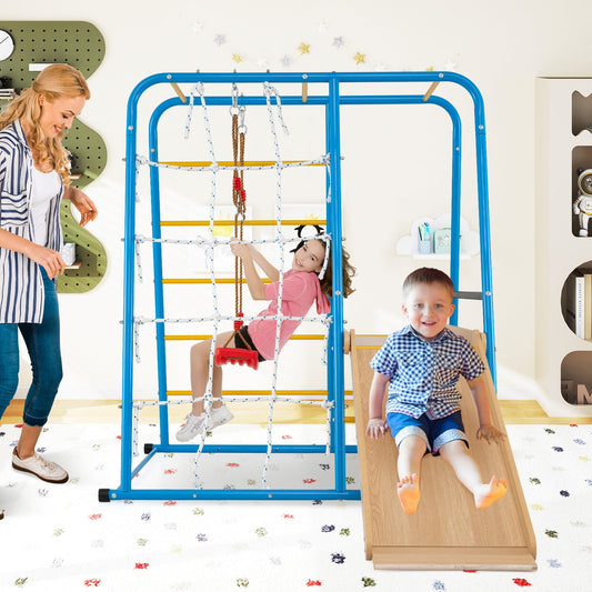 6-in-1 Indoor Jungle Gym with Slide for Boys and Girls 3+ Years Old-Blue - Tampa Home & Garden Store