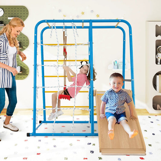 6-in-1 Indoor Jungle Gym With Slide blue metal frame kids playset DirectDeals on Tampa Home & Garden Store