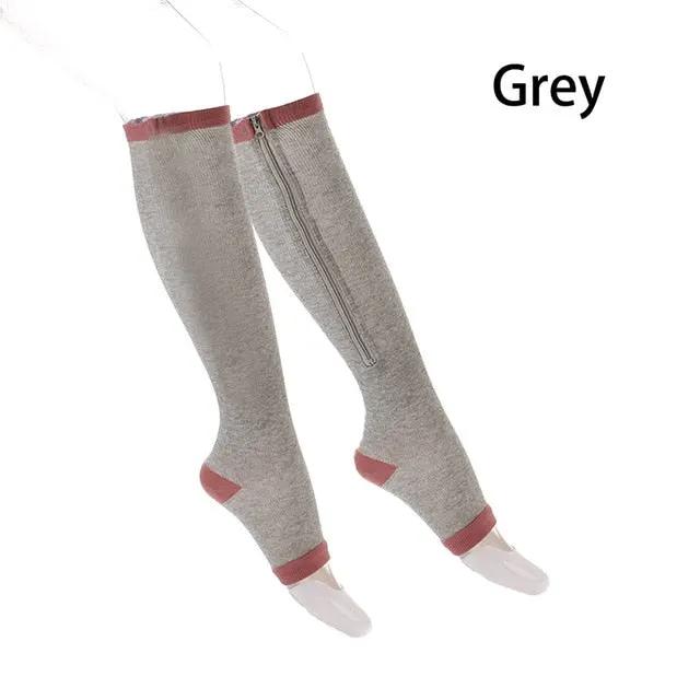 Unisex compression socks with zipper open toe grey knee-high crew pair on Tampa Home & Garden Store
