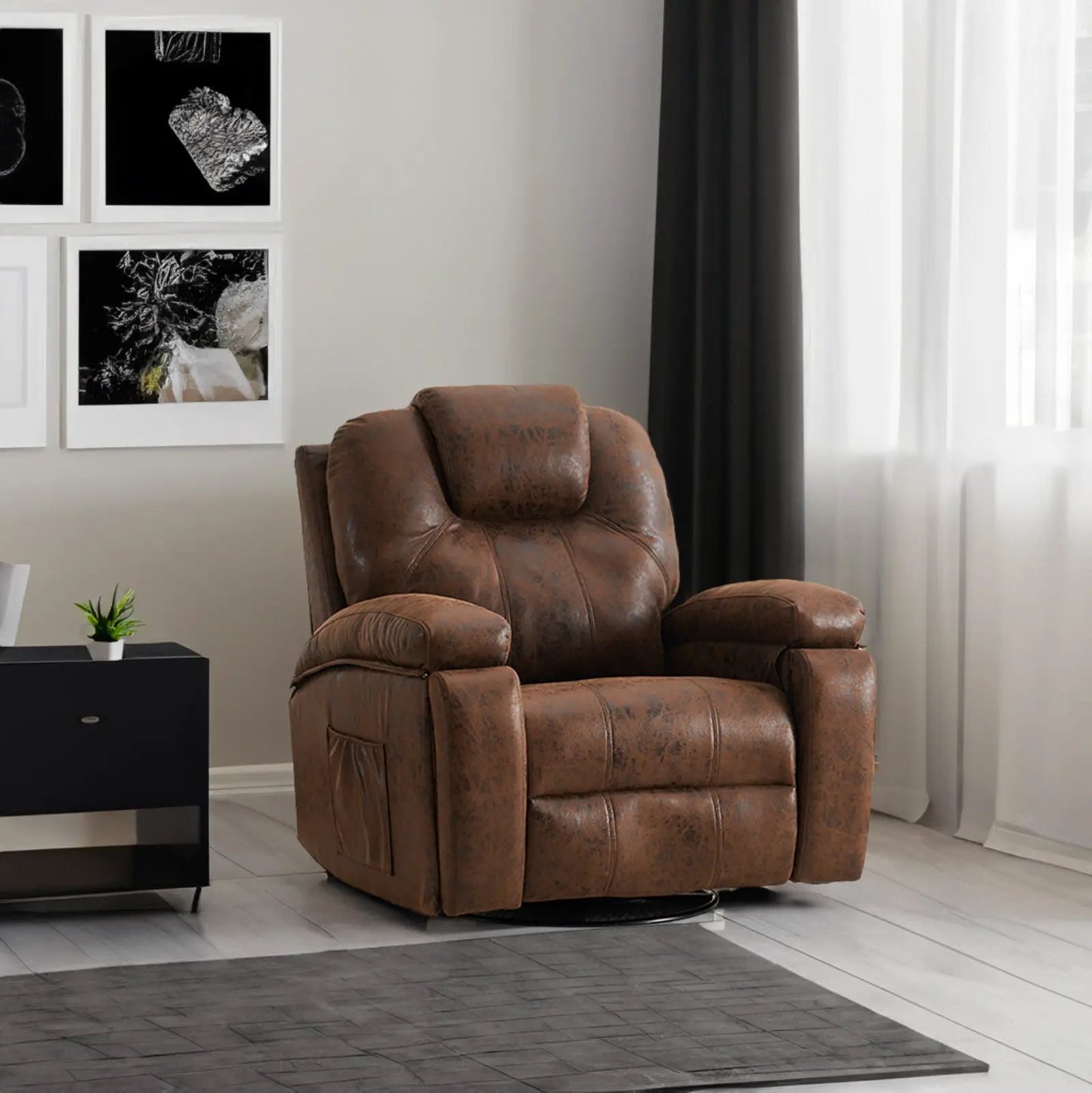 Oversized brown distressed leather armchair with built-in side pockets and round swivel base on Tampa Home & Garden Store