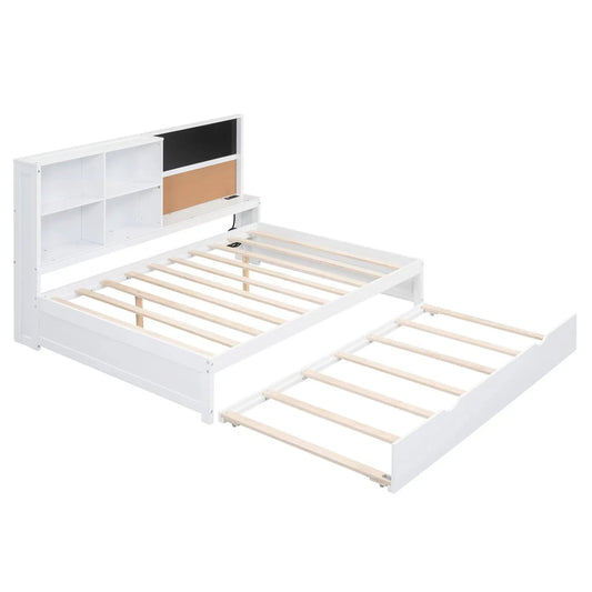 Full-size white daybed with built-in cubby shelves and pull-out trundle; slatted bed base on Tampa Home & Garden Store