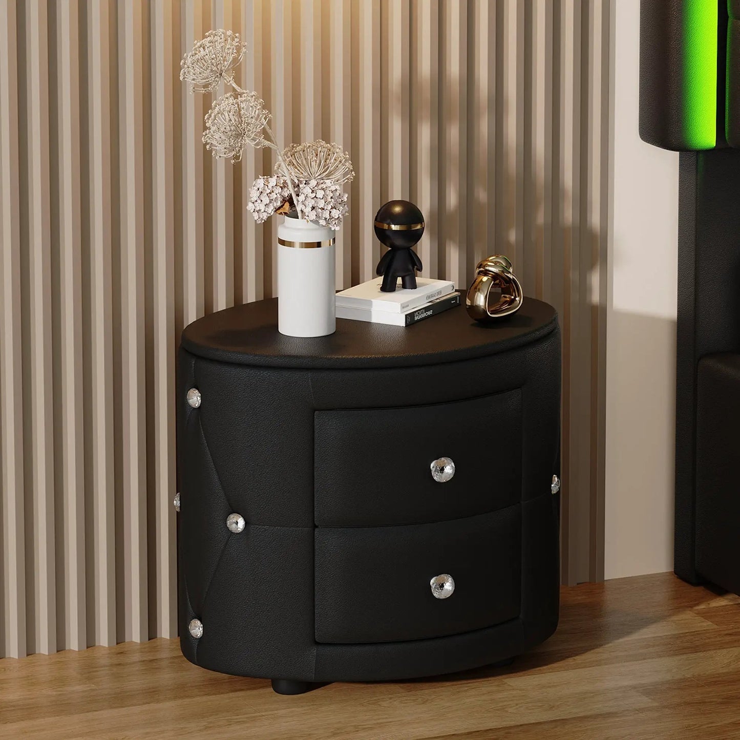 Elegant black PU nightstand with 2 drawers and crystal knobs beside beige striped wall on Tampa Home & Garden Store
