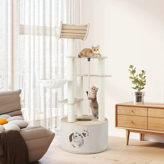 Tall wooden cat tree with cream plush cushions, rope posts, and two cats on Tampa Home & Garden Store