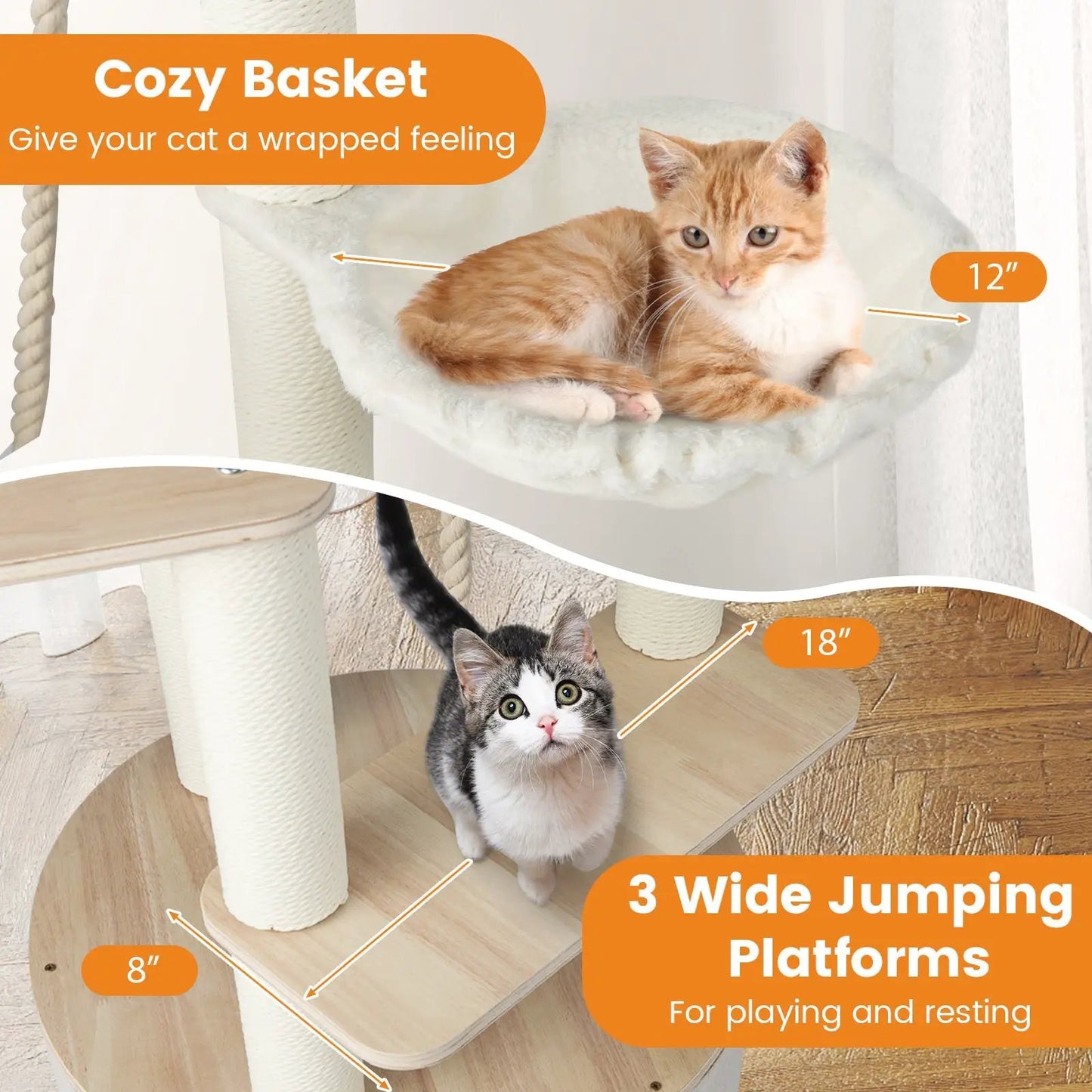 Tall Wooden Cat Tree with Plush Cushions natural wood finish 3-wide platforms DirectDeals on Tampa Home & Garden Store