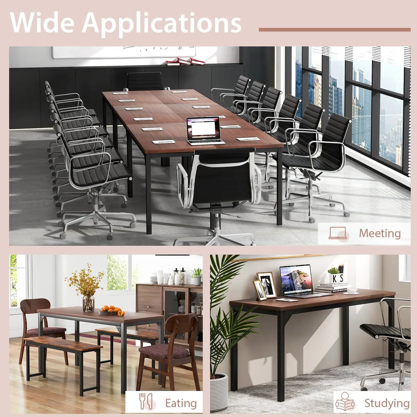 55 Inch Conference Table with Heavy-duty Metal Frame-Brown - Tampa Home & Garden Store