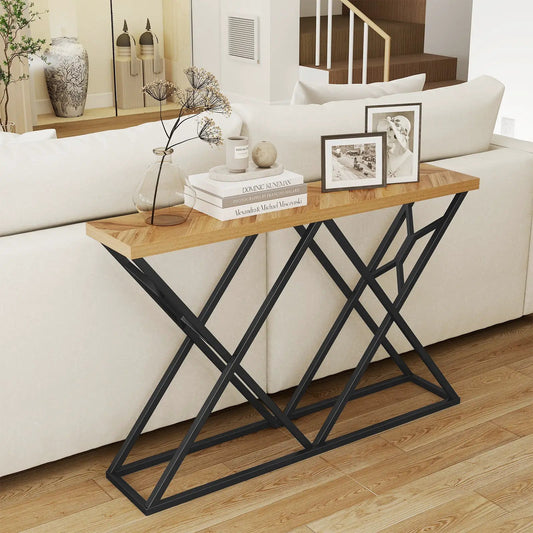 55 Inch Console Table with wood top and black geometric metal frame in living room decor on Tampa Home & Garden Store