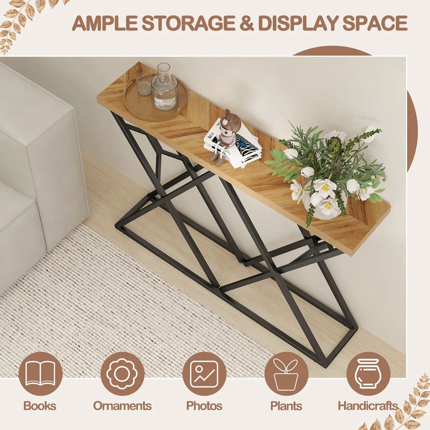 55 Inch console table with wood top and black metal X-frame, decorated with glass pitcher and flowers on Tampa Home & Garden Store