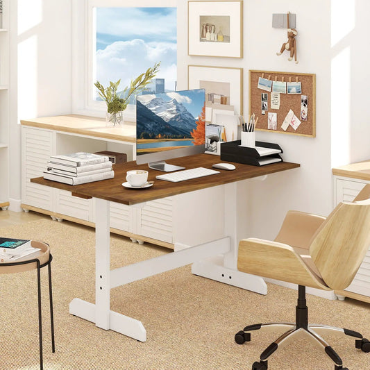 55-Inch Walnut Dining Table with solid wood top and white trestle base in a bright home office on Tampa Home & Garden Store