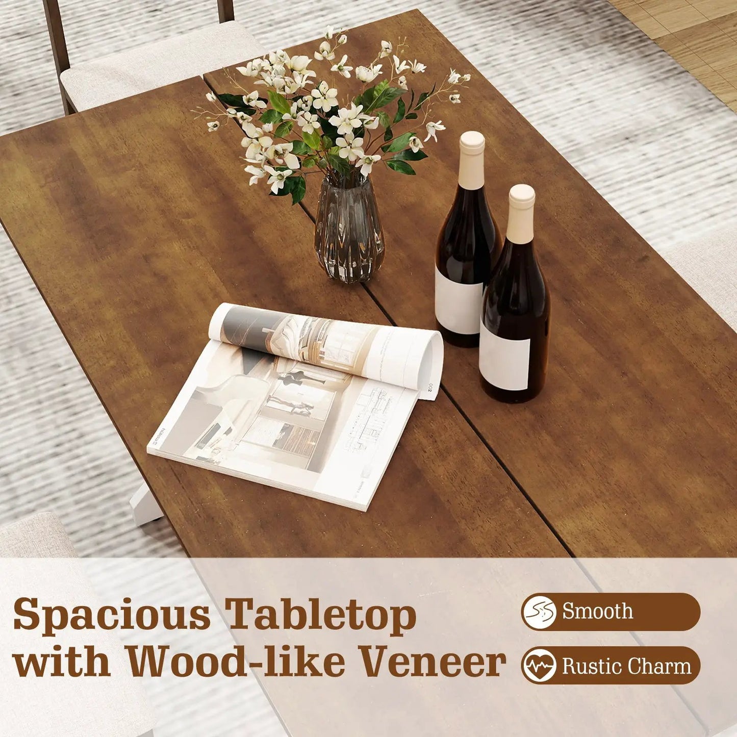 Walnut 55-inch rectangular dining table for 4–6 people with vase and wine bottles on Tampa Home & Garden Store