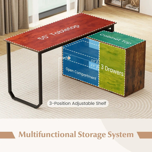 55 Inch reversible L-shaped desk with 3 drawers, red top, blue shelves, green drawers on Tampa Home & Garden Store