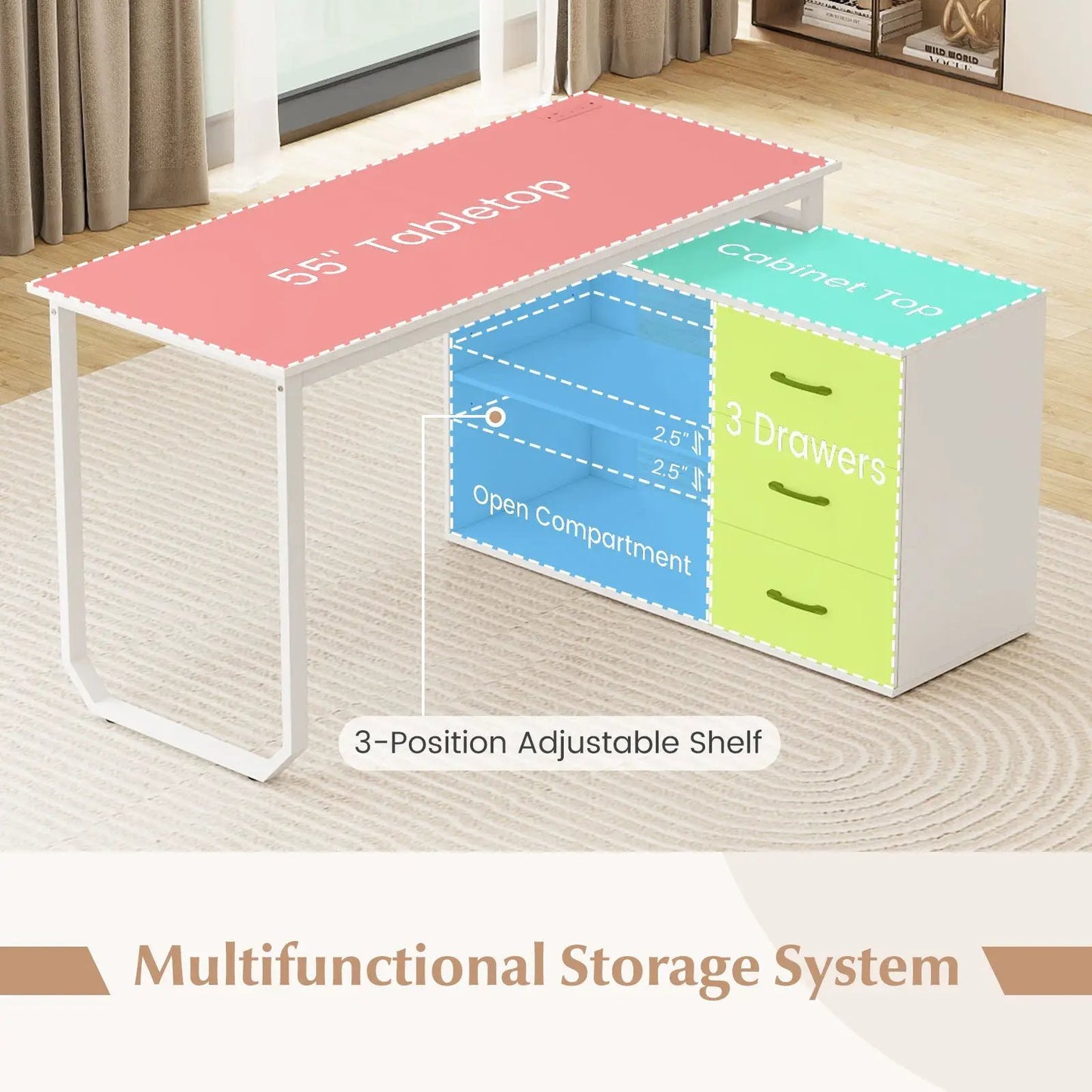 55-Inch reversible L-shaped desk with 3 drawers, white frame and pink tabletop on Tampa Home & Garden Store