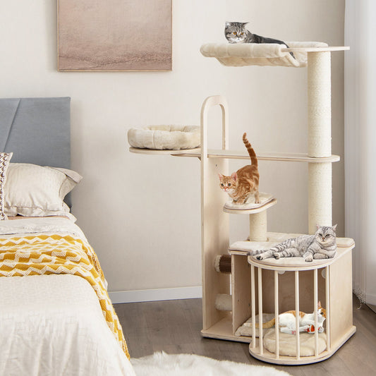 55 Inch Tall Multi-Level Cat Tree with Washable Removable Cushions-Natural - Tampa Home & Garden Store