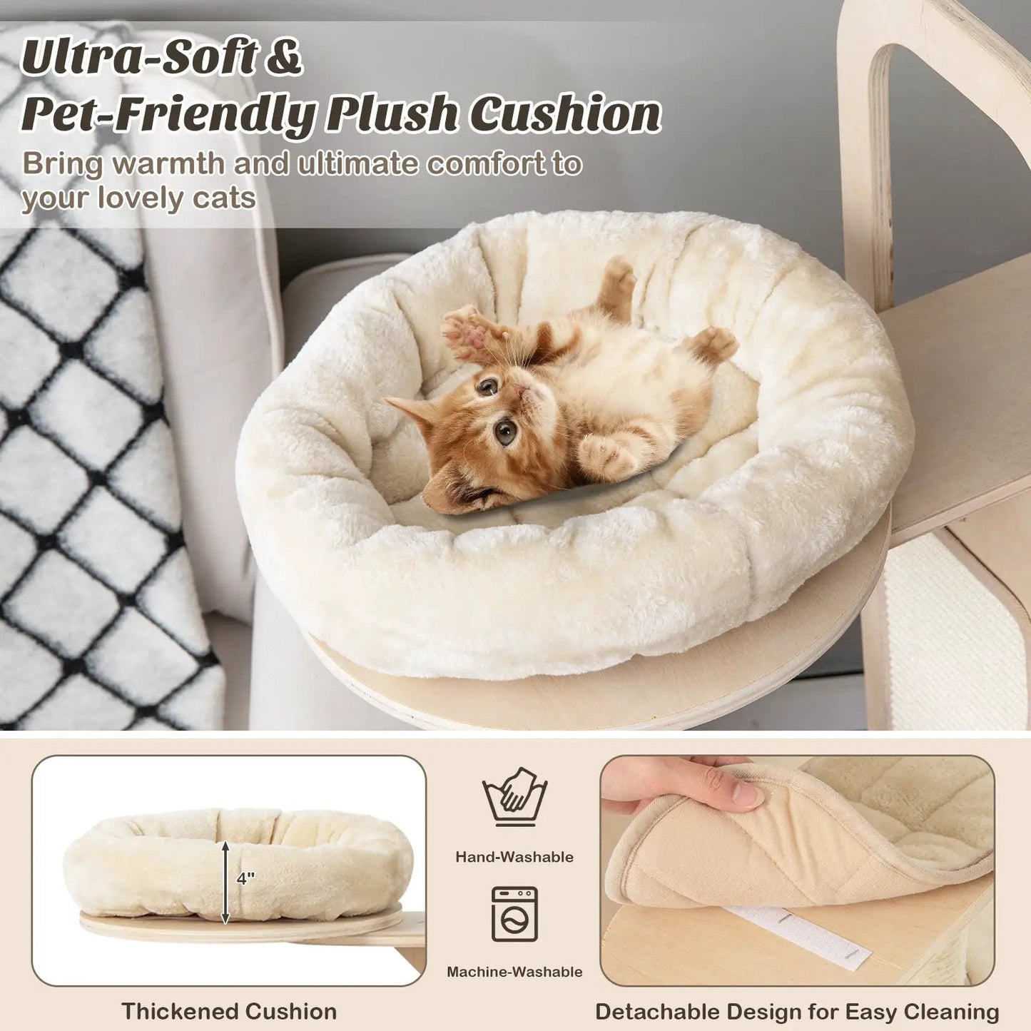 55 Inch Cat Tree with Washable Cushions beige plush round bed with a ginger kitten on wood frame on Tampa Home & Garden Store
