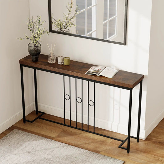55-Inch industrial console table with H-shaped black metal base and dark wood top on Tampa Home & Garden Store