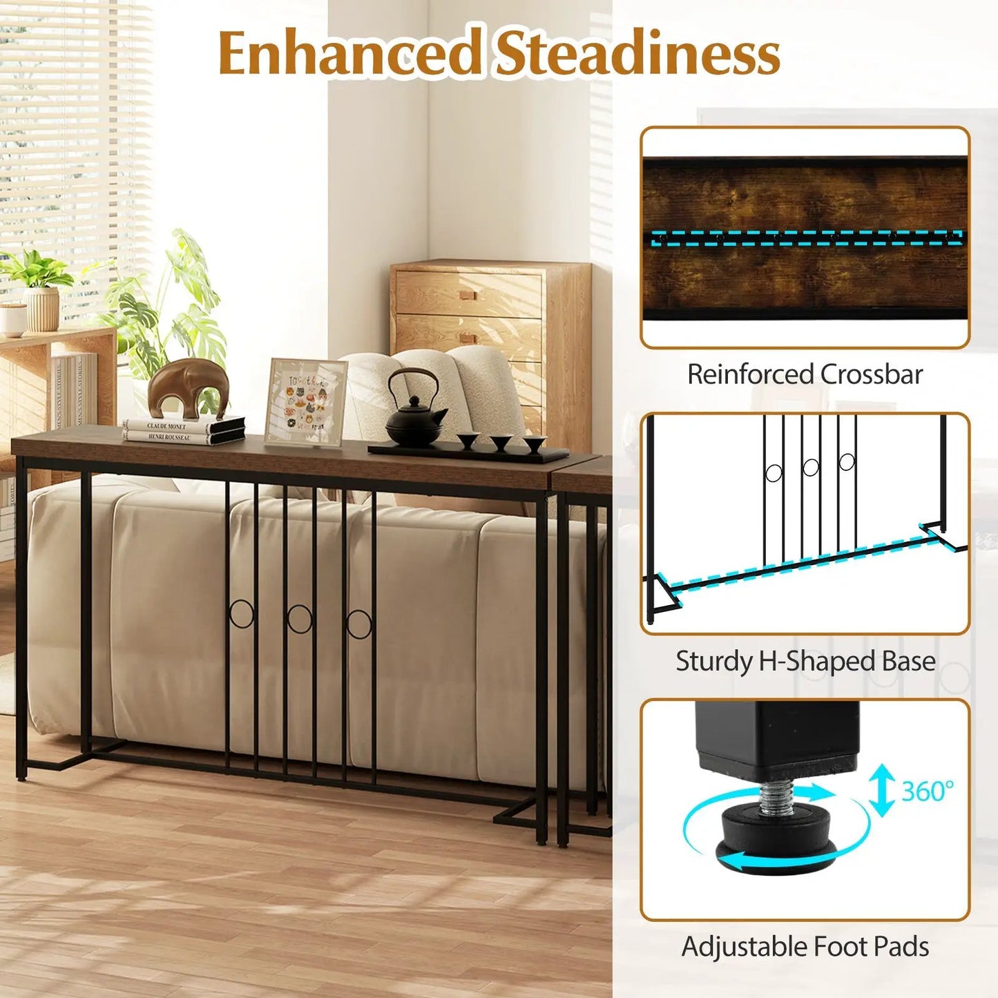 55-inch console table with an H-shaped black metal base and brown wood top in a living room on Tampa Home & Garden Store