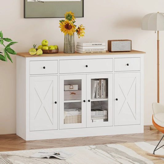 55 Inch white buffet sideboard with wood top, drawers and glass-front doors, sunflowers on top on Tampa Home & Garden Store