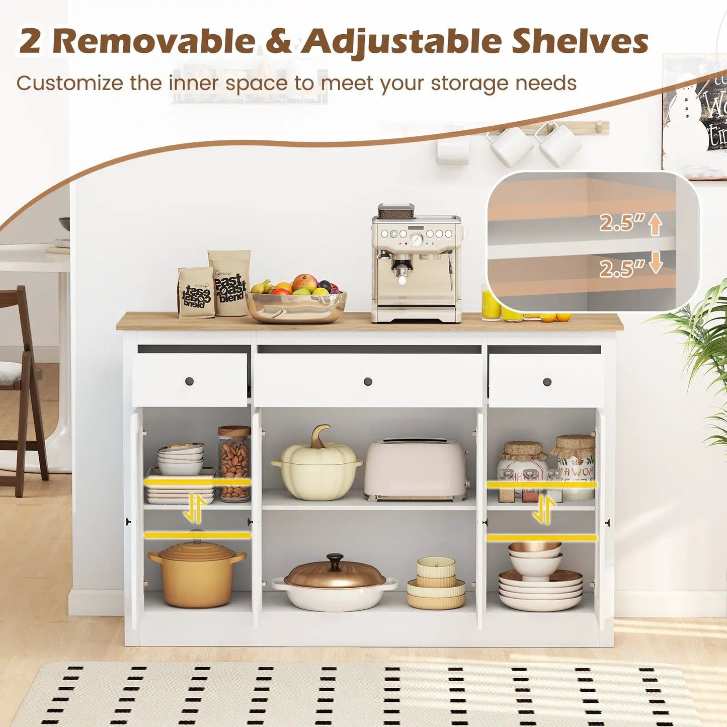 55 Inch Buffet Sideboard with Drawers and Doors white wood-top storage cabinet DirectDeals on Tampa Home & Garden Store