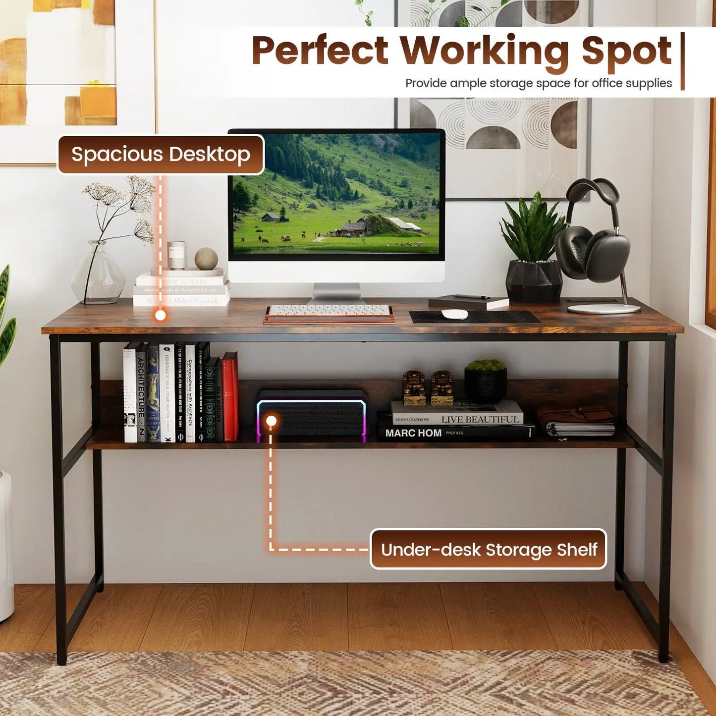 55 x 24 inch computer desk with USB ports, wood tabletop and black metal frame on Tampa Home & Garden Store