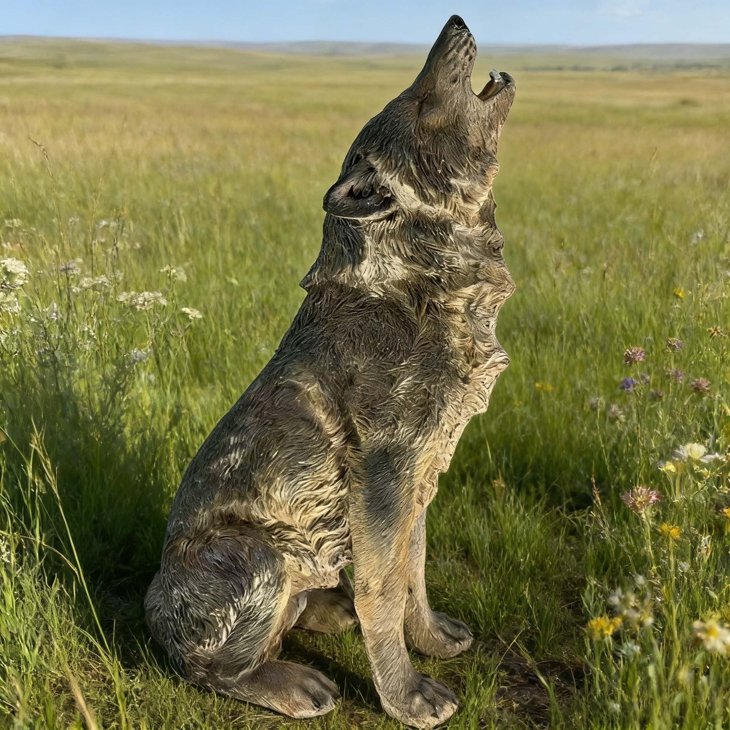Simulated Howling Wolf Garden Statue with gray stone texture standing in tall grass on Tampa Home & Garden Store