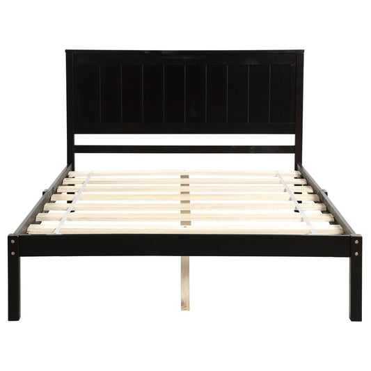Platform bed frame with headboard in espresso finish dark wood with vertical slats on Tampa Home & Garden Store