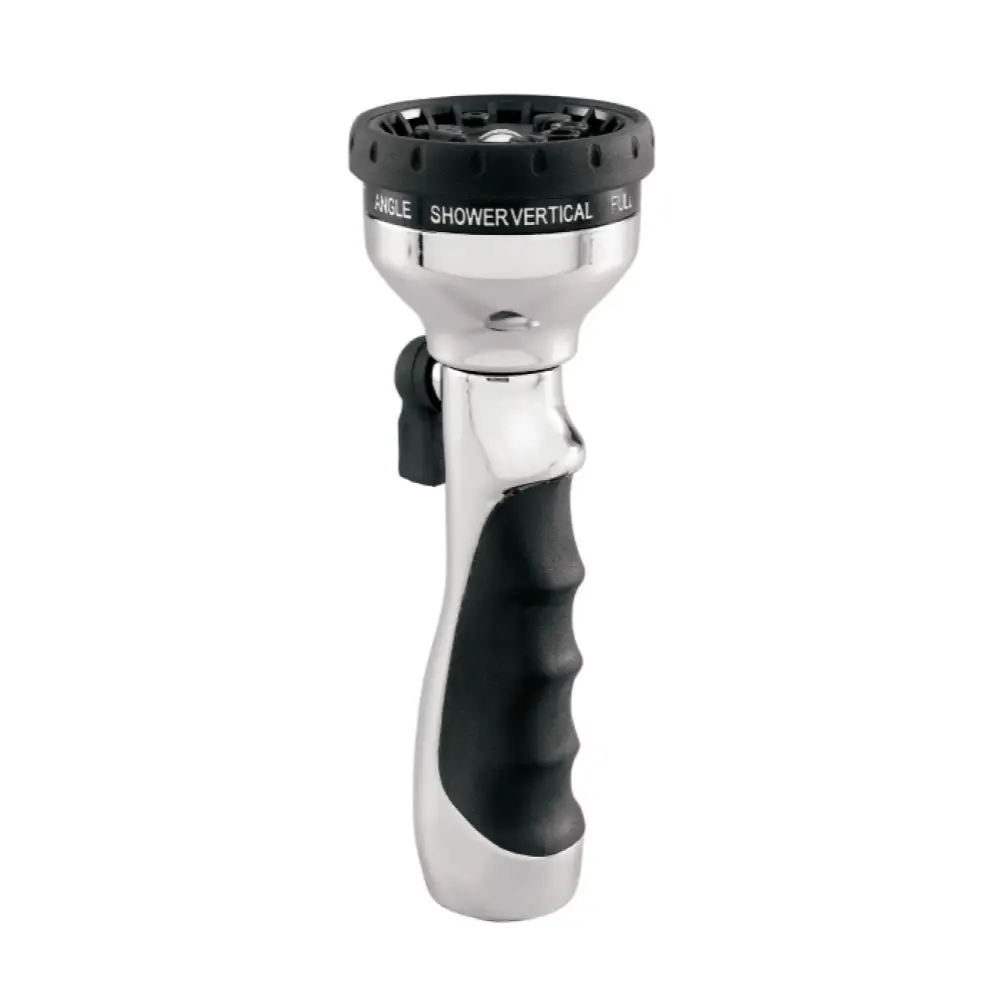 10-Pattern Turret Torch hose spray nozzle, chrome metal body with black ergonomic grip on Tampa Home & Garden Store