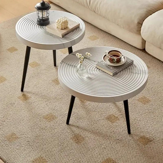 Two Japanese-style solid wood growth-ring coffee tables with ribbed tops and black legs on Tampa Home & Garden Store