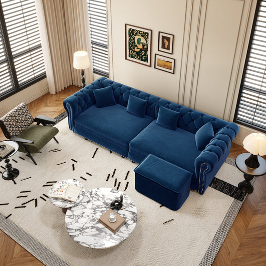 Chesterfield 3-in-1 pull-out sofa bed in blue velvet by HouseOfZazla in a stylish living room on Tampa Home & Garden Store