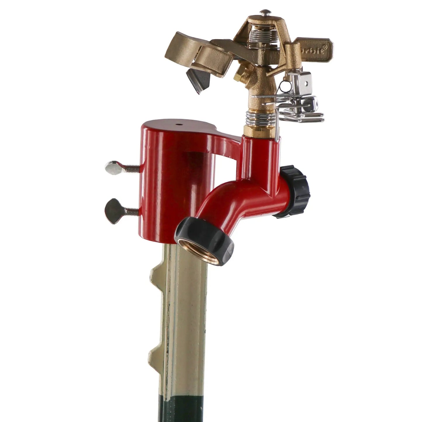 Brass impact sprinkler for fence T-post base Orbit Irrigation large area sprinkler on Tampa Home & Garden Store