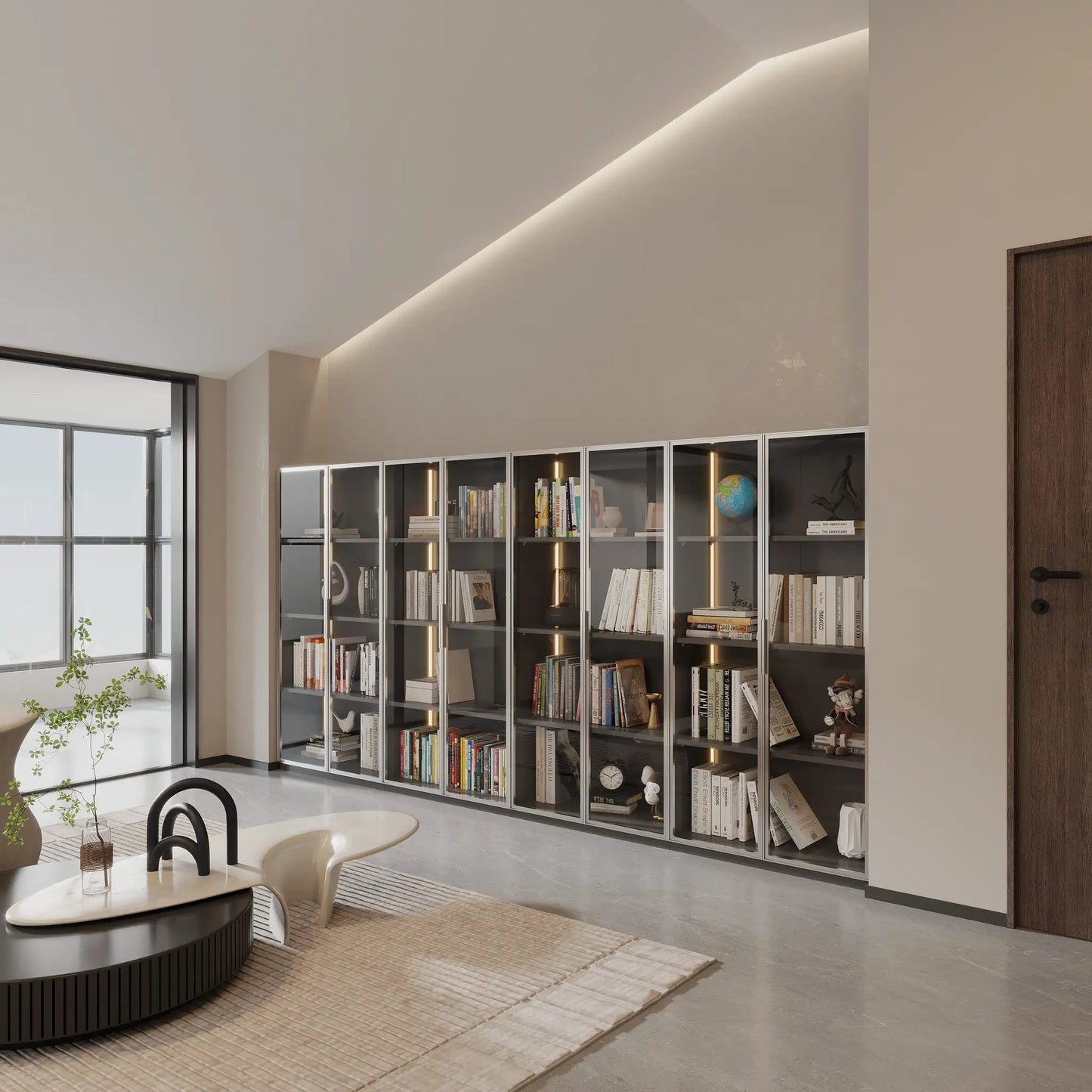 Grey metal storage display cabinet with shelves and glass doors in a modern showroom on Tampa Home & Garden Store