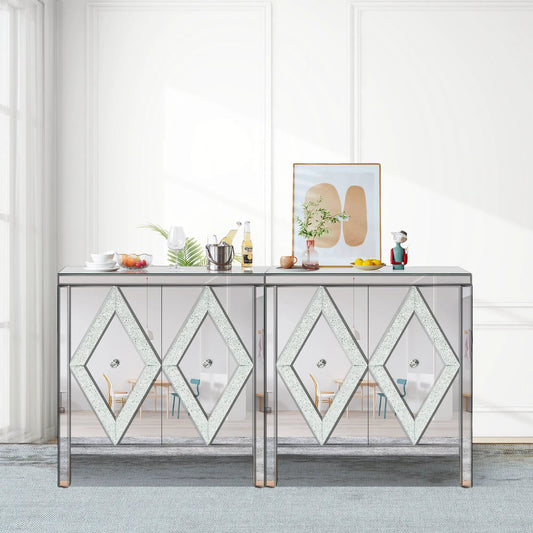 Storage cabinet with mirror trim and diamond pattern, silver mirrored fronts on Tampa Home & Garden Store