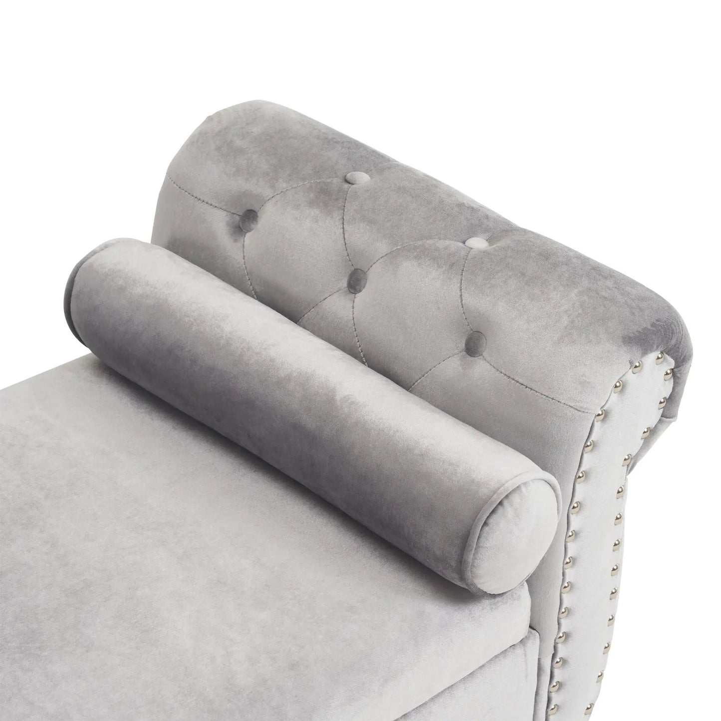 Velvet storage rectangular ottoman in gray with tufted top and nailhead trim on Tampa Home & Garden Store